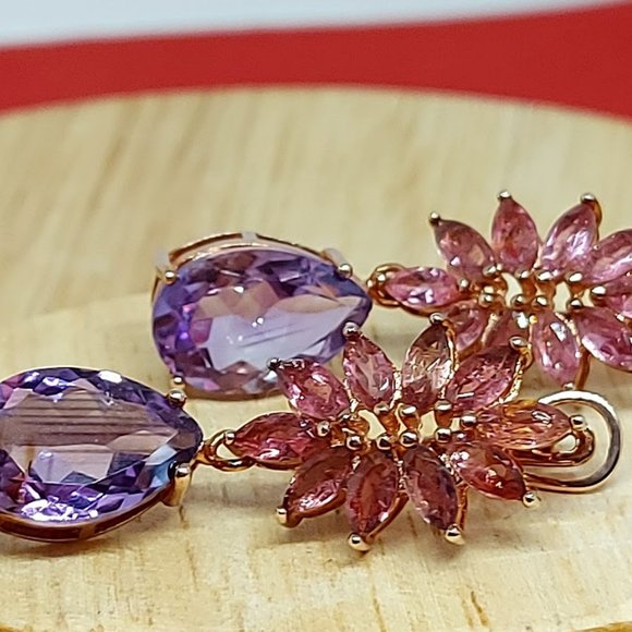 Natural Amethyst & Tourmaline Rose Gold on Sterling Silver Earrings & Ring 7.5 - Picture 2 of 15